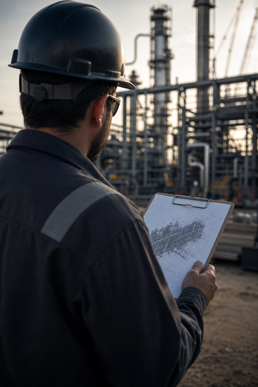 Engineer reviewing drawings on an industrial construction site